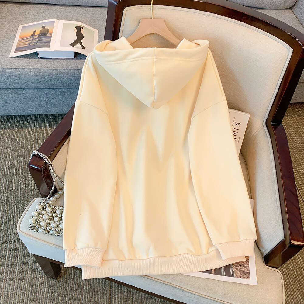 Plus-Size Women's Fall/Winter Casual Commute Loose Comfortable Cotton Jacket Black Letter-Print Zipper Hooded Long-Sleeved Top