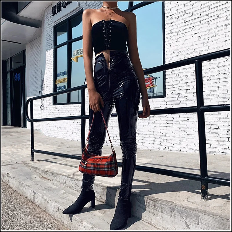 High waisted black PU leather tight fitting mens zipper womens open crotch pants latex legs nightclub pencil push ups 241209
