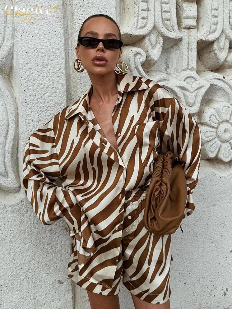 Womens Tracksuits Clacive Fashion Loose Stripe Print 2 Piece Sets Women Outfit 2024 Elegant Long Sleeve Shirt With High Waist Shorts Set