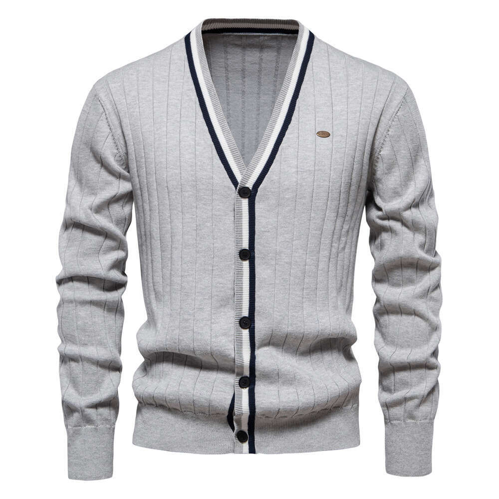 2024 autumn and winter new cardigan V-neck long sleeved sweater trendy style contrasting border men's knitted jacket