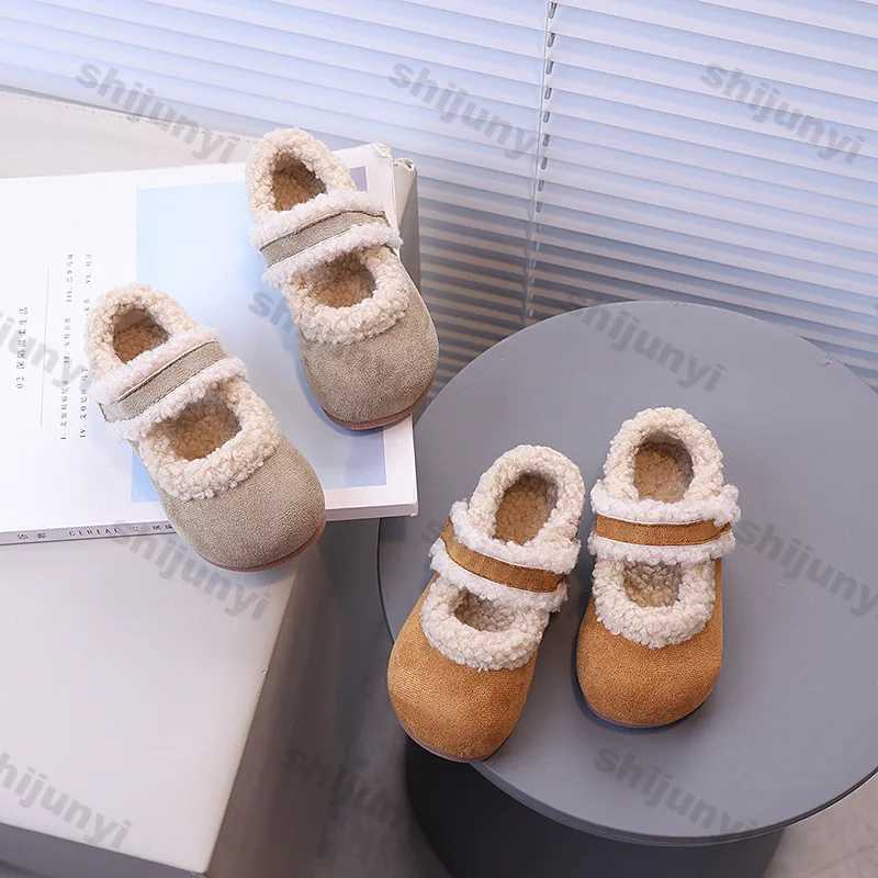 Girls Winter Fluffy Cotton Shoes Soft Bottom Non-slip Kids Fashion Retro Fluffy Shoes Simple Soft Sole Kids Moccasins Flats ShoeXJ241209