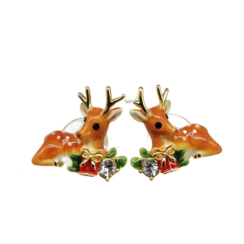 Fashion Light French Christmas Earrings Hand drawn Reindeer Enamel Cute Animal Deer Ears Perforated Jewelry Gift 241209