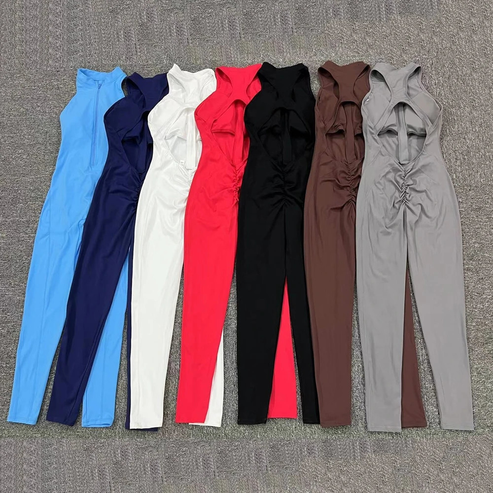 Zipper Womens Track and Field Set Yoga Mat Set Integrated jumpsuit Exercise Curly Leg jumpsuit Sports Fitness Set 241209