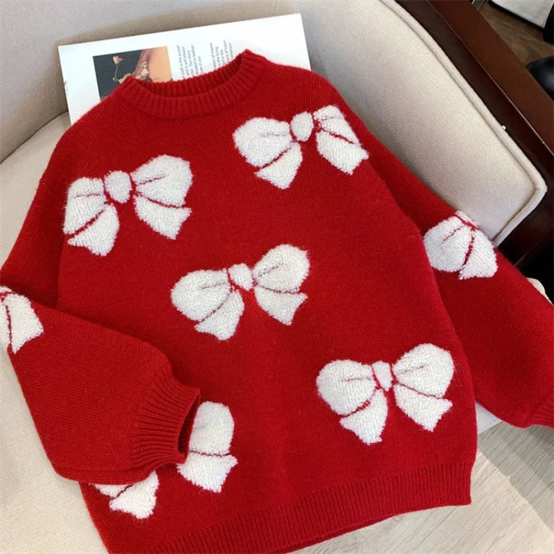 Girls sweaters fashionable childrens clothing plush knitted winter clothing girls red Christmas thick sweaters children 8 10 14 years old 241210