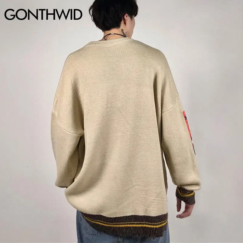 GONTHWID Van Gogh Sleeve Patchwork Pullover Knit Sweater Mens Hip Hop Embroidery Crewneck Knitwear Sweaters Streetwear Tops 241209