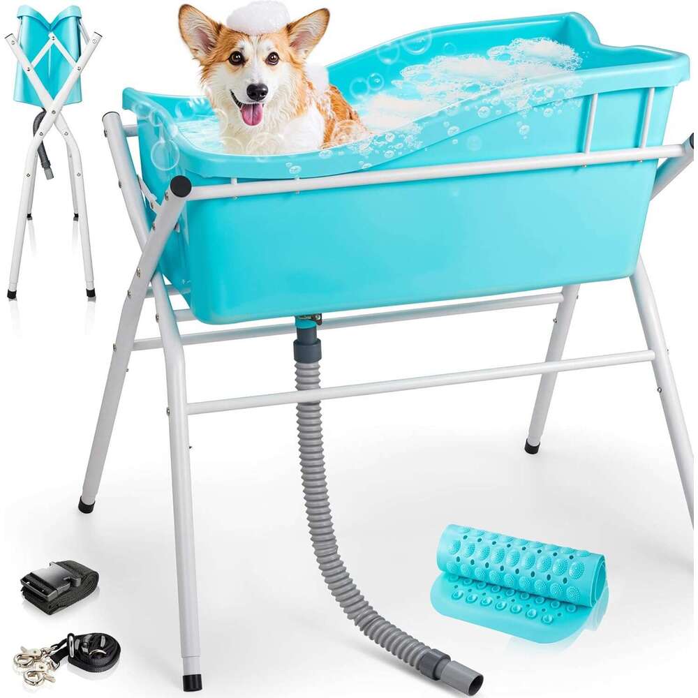 Handnam Tub, Portable Washing Bathing Station, Elevated Foldable Dog Bath Shower Grooming, 4 Adjustable Height Pet Tub for Small Medium Size Dogs, Ind