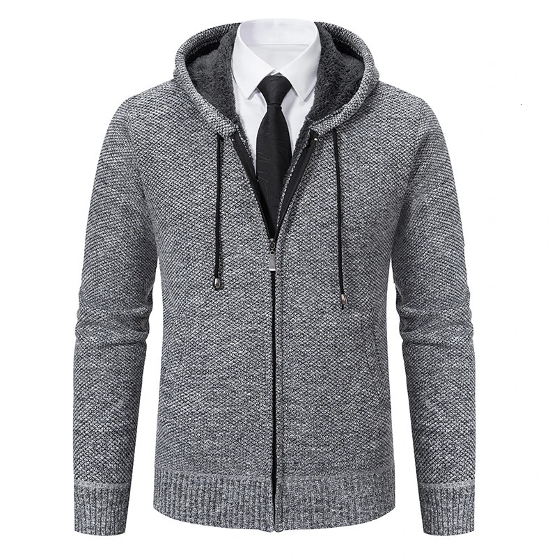 autumn winter mens hooded cardigan solid color thick sweater plush casual jacket zipper fashionable mens cardigan 241205