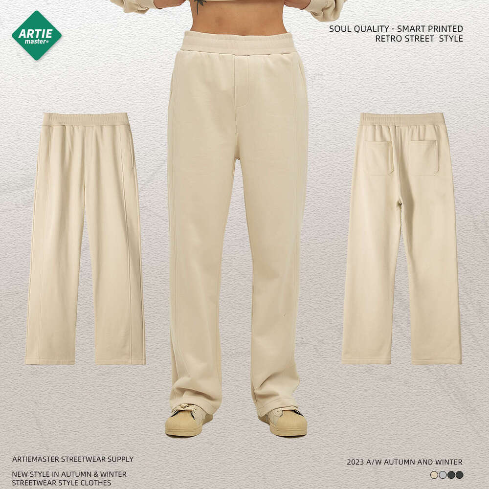 Trendy straight tube loose 350G looped men, spliced wide leg drawstring casual pants for men