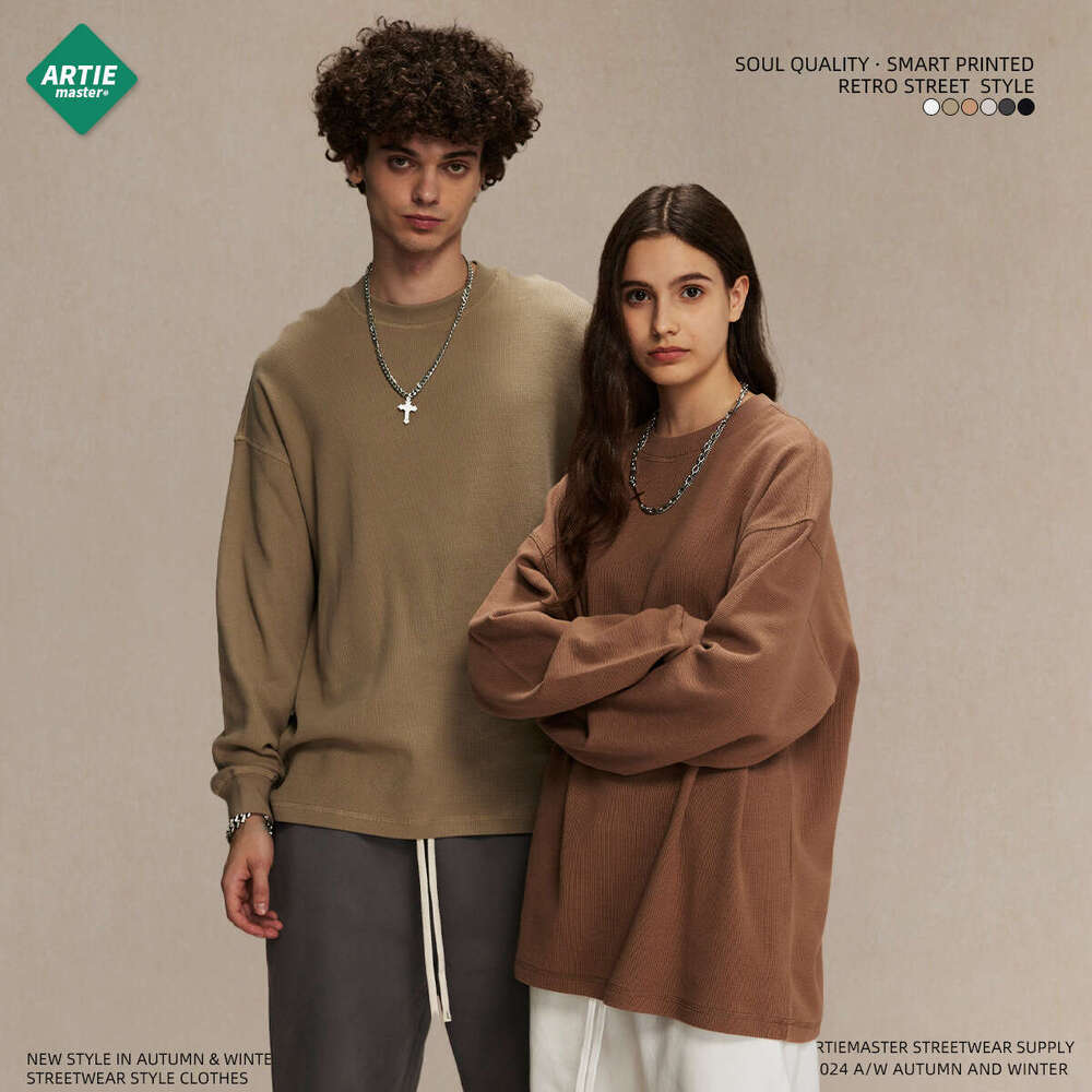 2024 Autumn/Winter New Product Breathable Waffle 330g Round Neck T-shirt Men's American Trendy Brand Loose Casual Long Sleeve T