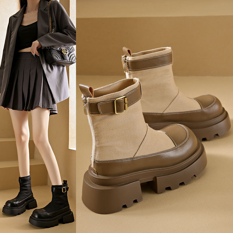 Women Boots:Thick Sole Increase Height Spicy Girl Patchwork Boots Simple Design Versatile Short Boots,Black/Brown,Free shipping