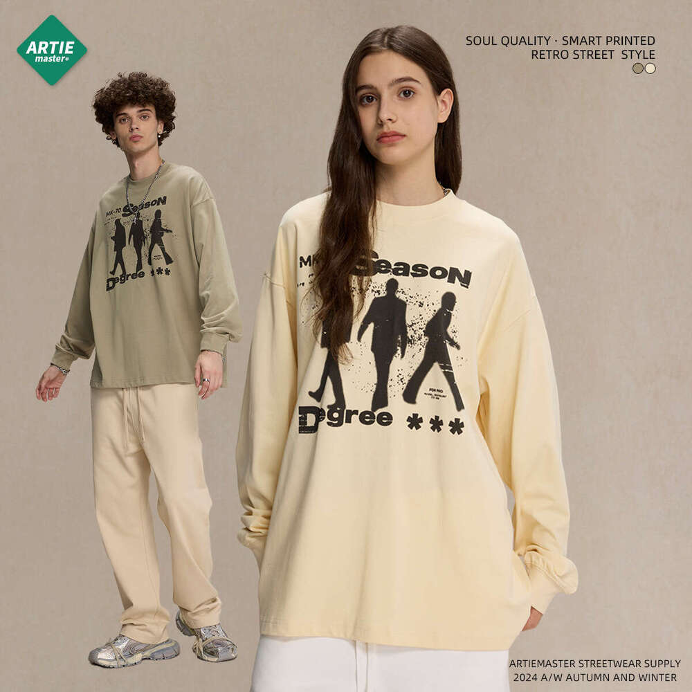 2024 Autumn Thin Printed Men's T-shirt Loose Casual Round Neck Long Sleeve Top Trendy