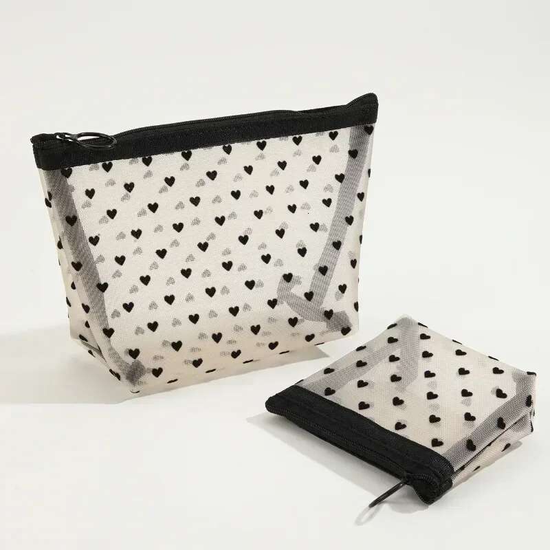 Designer's bag Nylon Mesh Cosmetic Bag Zipper Heart Shaped Toiletry Organizer Makeup Bags Multifunctional Women Lipstick Key Coin Purse Pouch