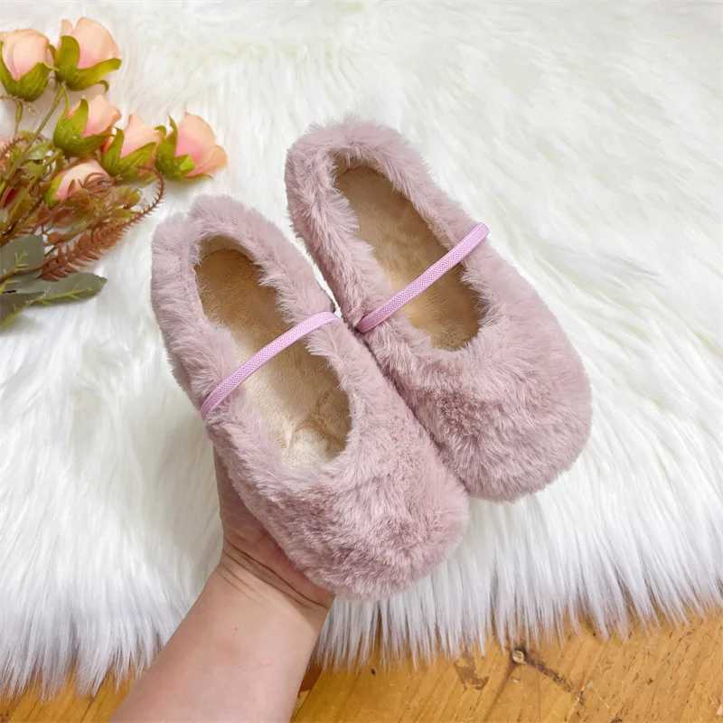 Furry Girls Shoes Soft Sole Comfortable Ballet Flats Elegant Plush Shallow Kids Princess Shoes Versatile Child Mary Janes XJ241209