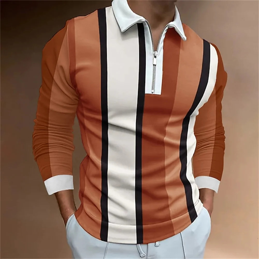 2024 Golf Wear Men Striped Print Microelastic Lapel Polo Shirts Top Porosity Fashion Zipper Long Sleeve T Shirt Clothing 241202