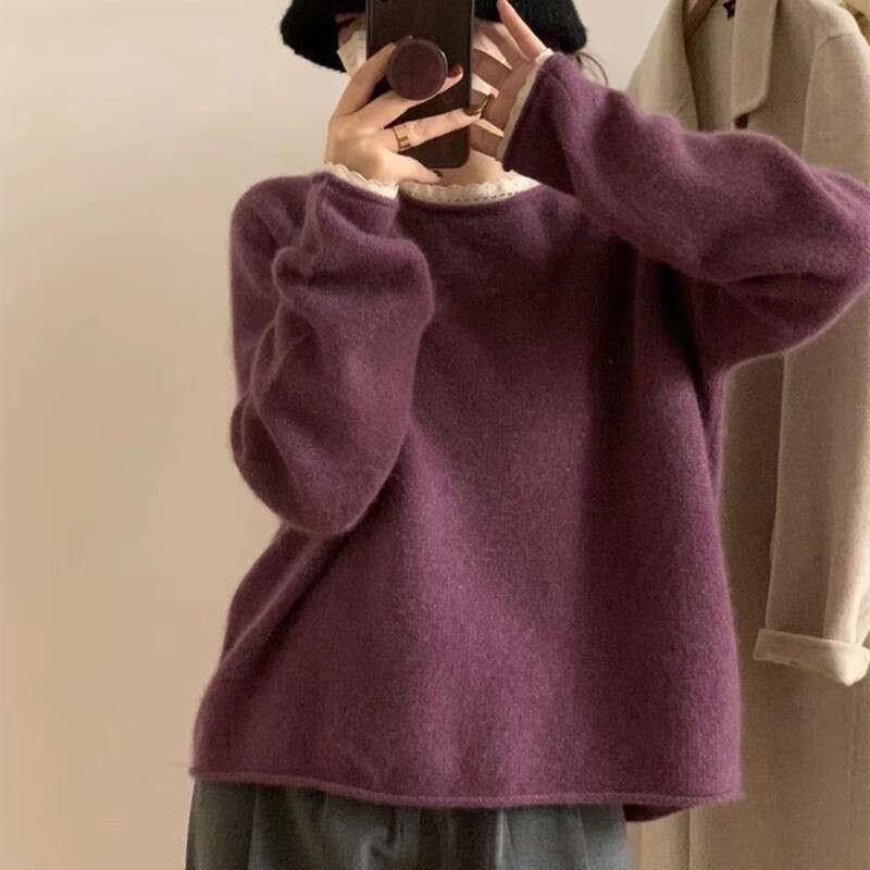 Korean fashion 2022 autumn and winter new item soft glutinous lace border raccoon fur knitted women, solid color base sweater for women