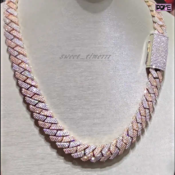 Luxury 15mm Moissanite Cuban Chain Iced Out 925 Silver 3 Rows Two Tone Moissanite Cuban Link Chain