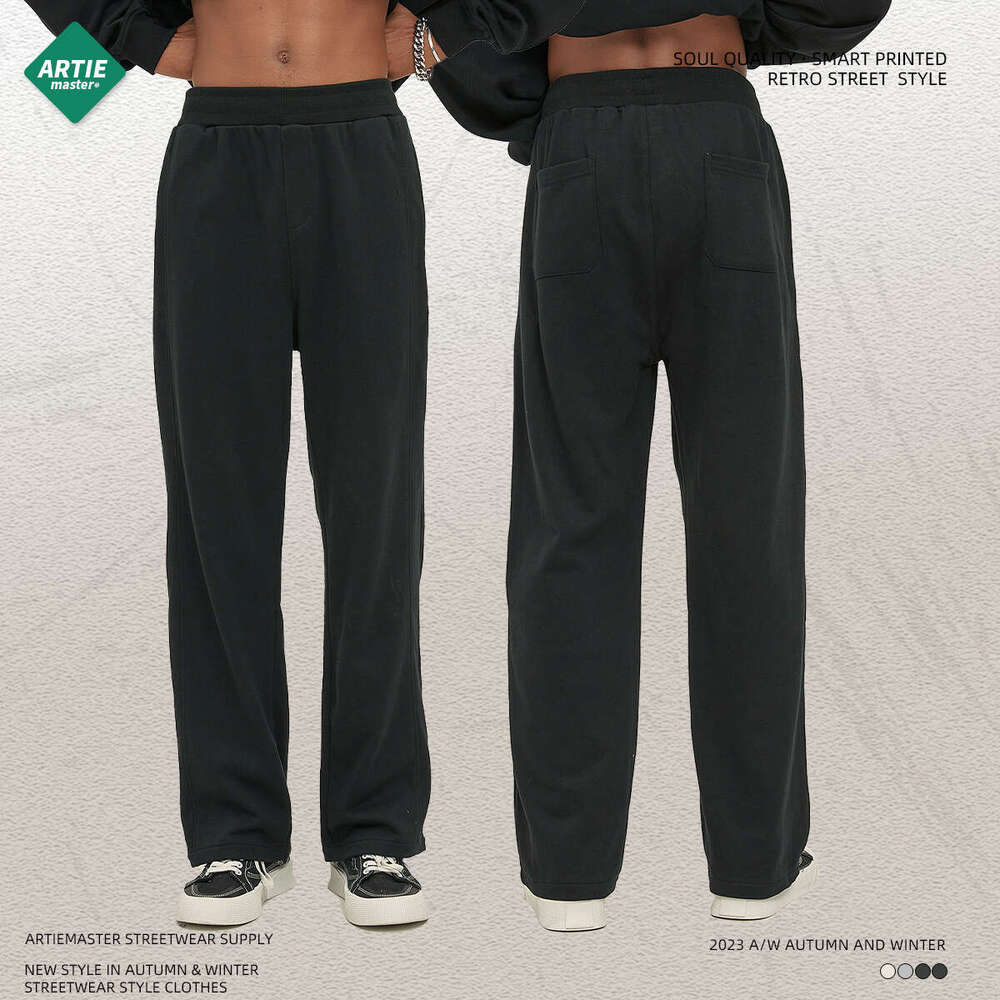 Trendy straight tube loose 350G looped men, spliced wide leg drawstring casual pants for men