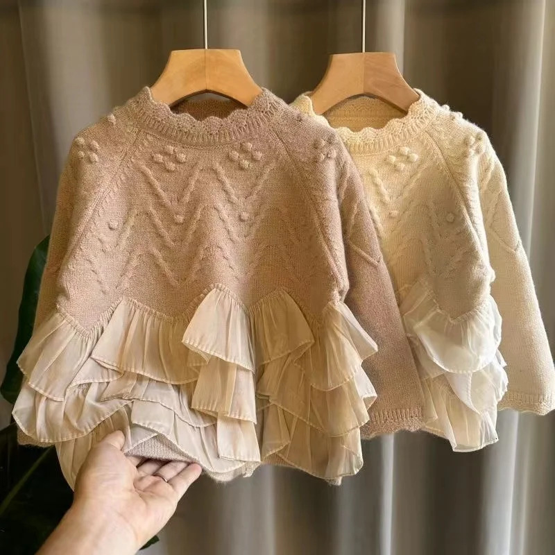 Girls floral sweaters childrens lace style childrens clothing girls thick knitted sweaters childrens clothing 241210