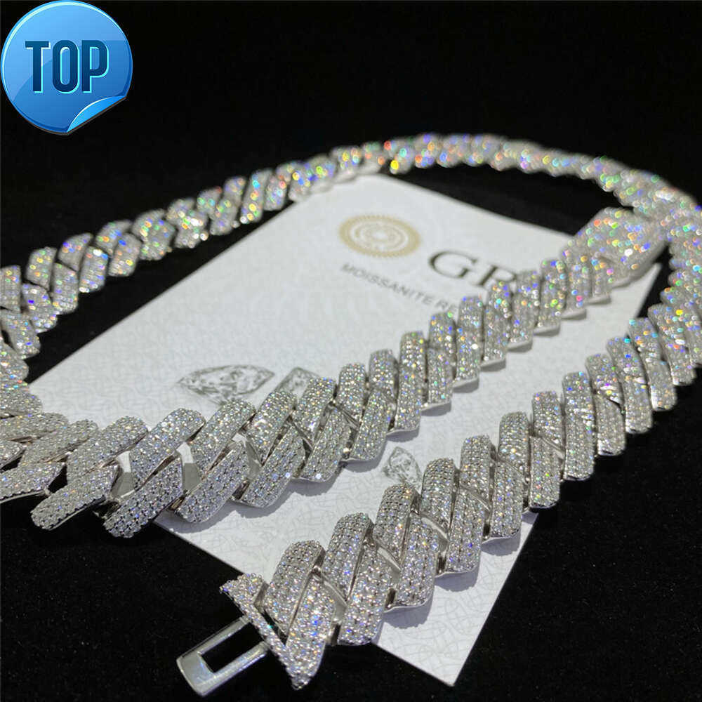 Moissanite Cuban Chain Necklace - 3-Row Dia 10mm 20mm Sterg Sier for Men Hip Hop Fashion Jewelry
