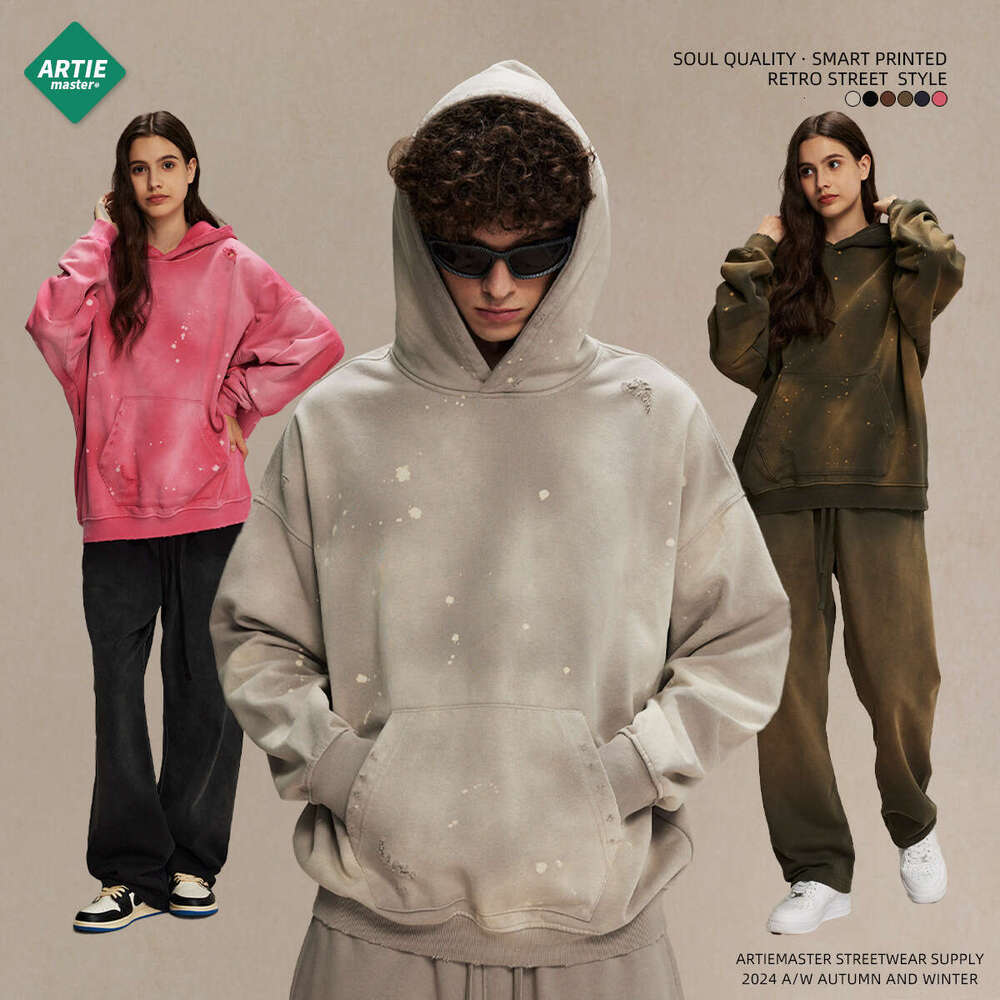 2024 Autumn/Winter New Product 450g Spray Dyeing Ink Piercing Old Street Trendy Brand Retro Men's Hoodie
