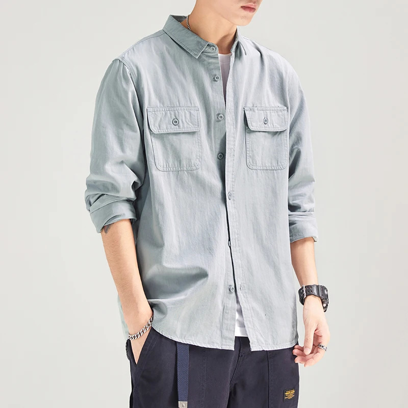 HIQOR 100 pure cotton mens casual shirt 2024 autumn freight clothing khaki retro 241209