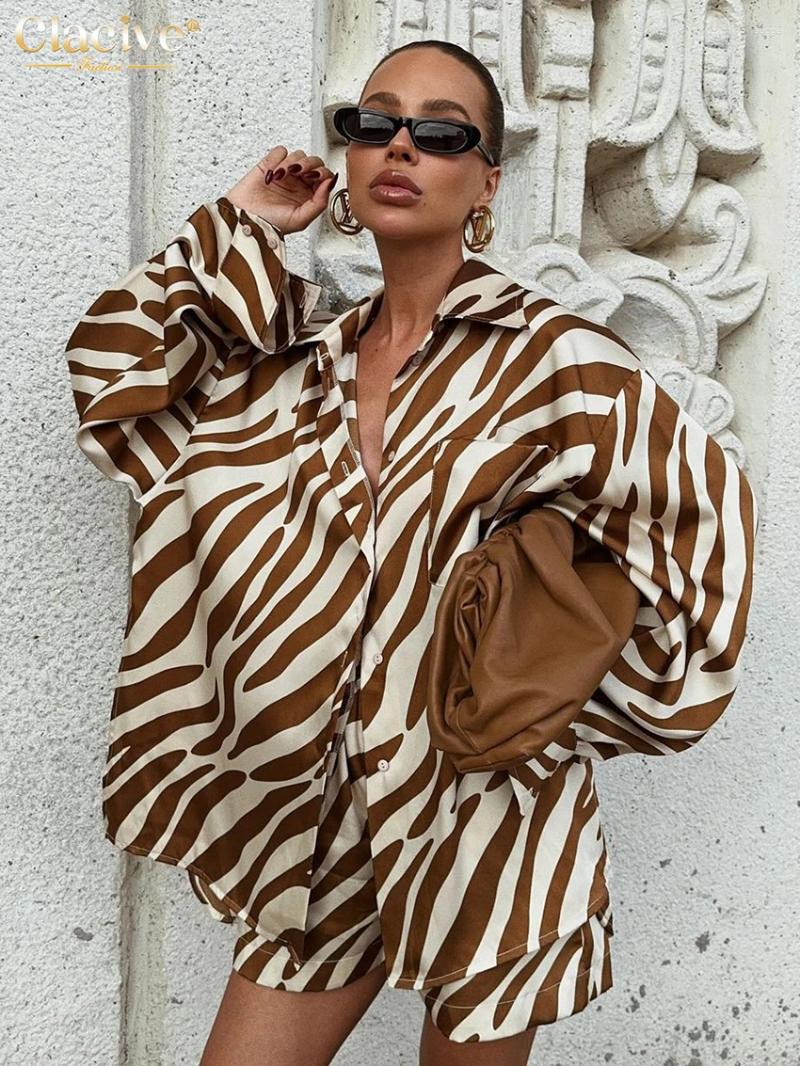 Womens Tracksuits Clacive Fashion Loose Stripe Print 2 Piece Sets Women Outfit 2024 Elegant Long Sleeve Shirt With High Waist Shorts Set