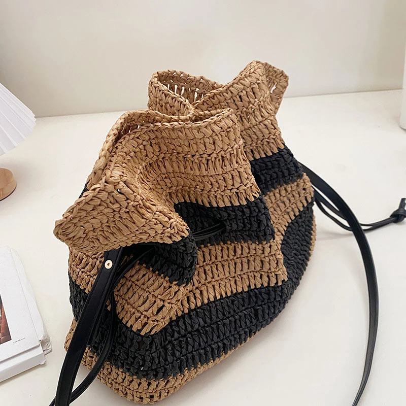 Fashion drawstring womens bucket bag handmade handbag shoulder strap womens summer beach cross bag 241205