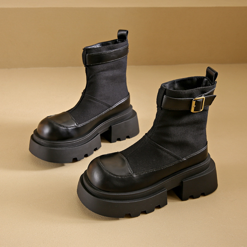 Women Boots:Thick Sole Increase Height Spicy Girl Patchwork Boots Simple Design Versatile Short Boots,Black/Brown,Free shipping