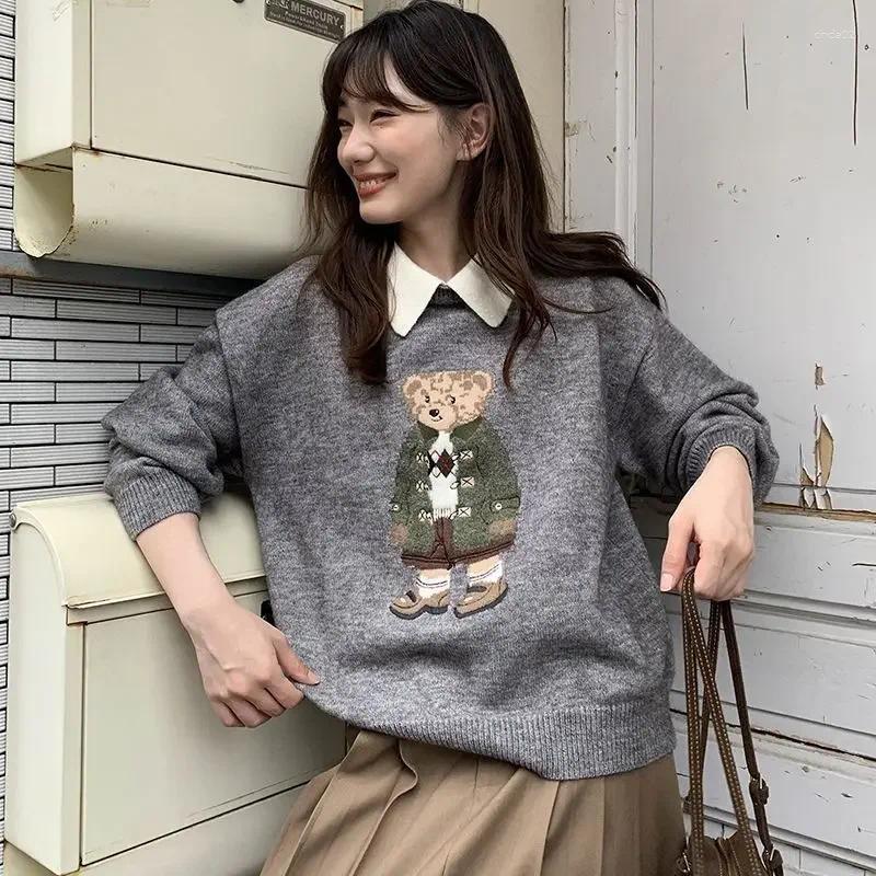 Gagarich Little Bear Jacquard Sweater Women Autumn Knitted Top Design Color Contrast Fake Two Piece Set Soft Casual