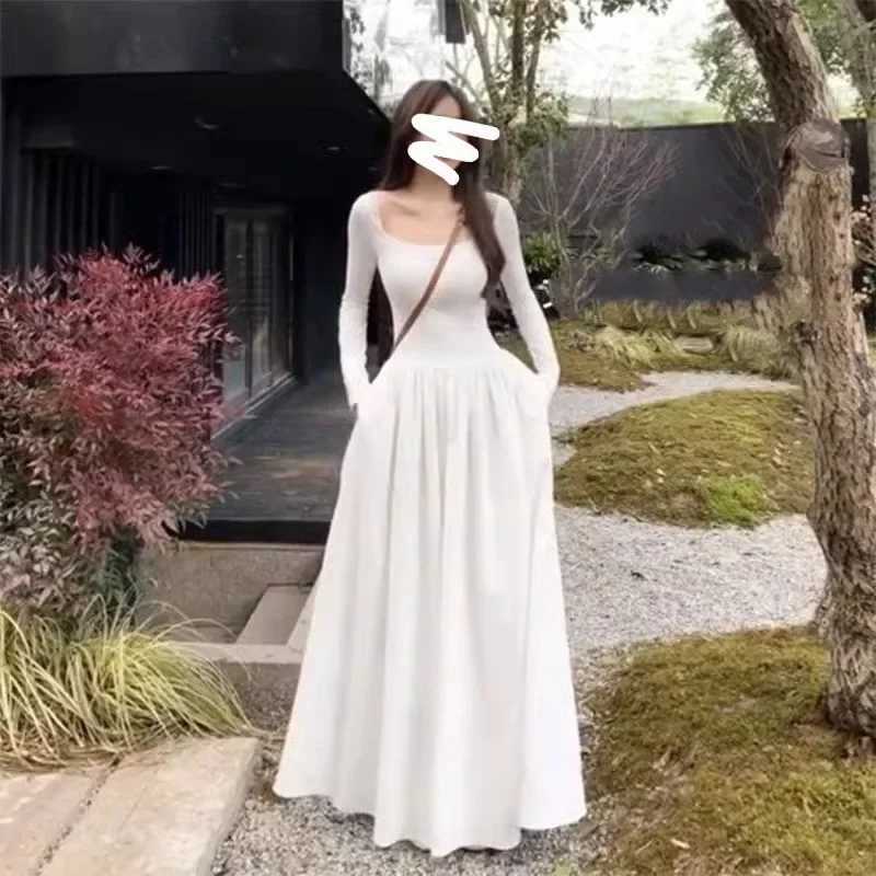 French style white square collar long Sve womens spring and autumn Ele weight loss Ele Fling waist suitable ankle dress W241210