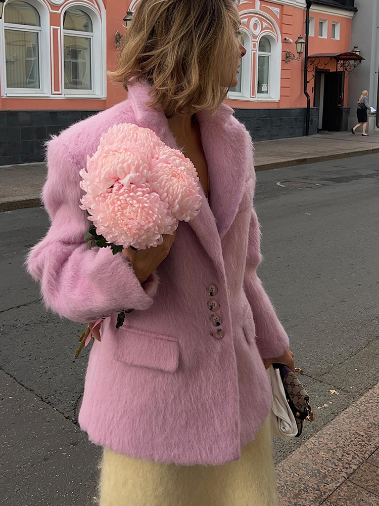 Women's Elegant Pink Lapel Pockets Woolen Blazer Coat Fashion Single-Breasted Loose Long Sleeve Coats Lady Sweet Outerwear