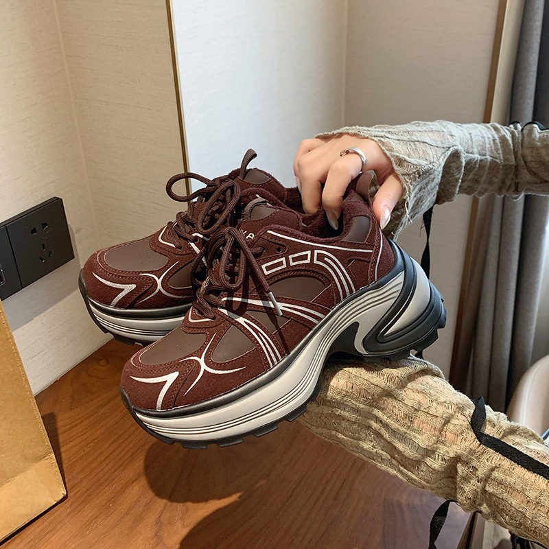 Women Sports Shoes:Thick Sole New Version Fashion Design Popular Casual Running Shoes Trendy Sneakers,Red/Coffee,Free shipping