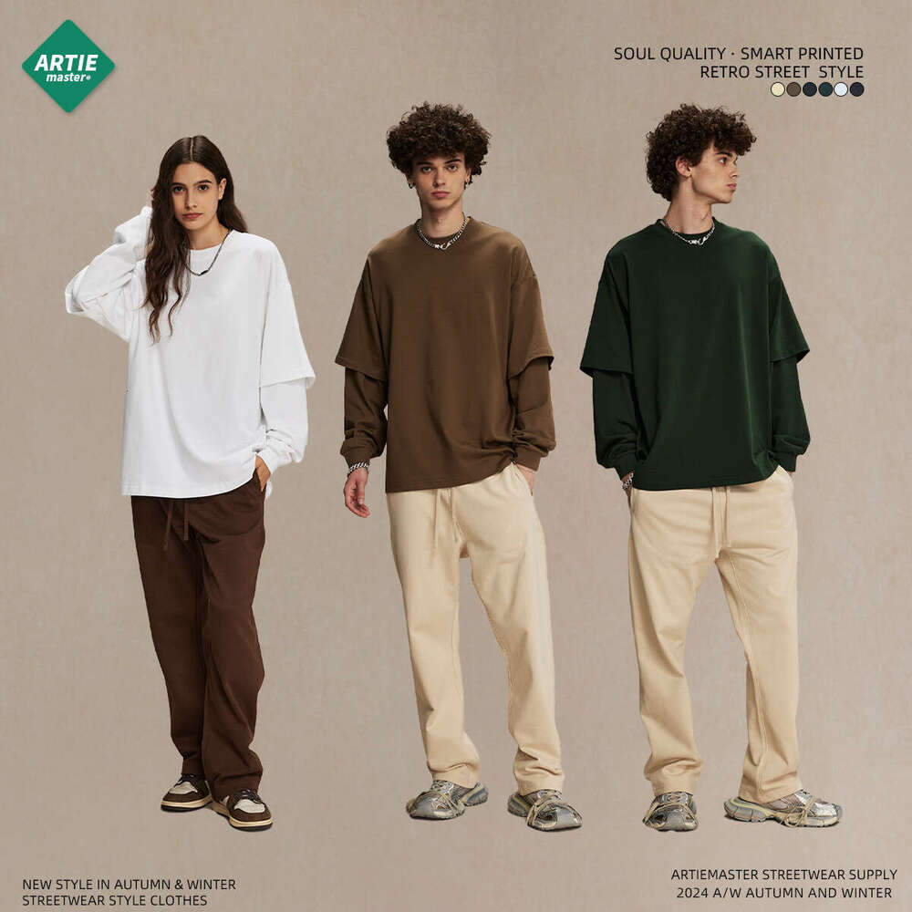 2024 Autumn New Trendy Brand Wear Fake Two piece Long sleeved T-shirt Men's Loose Casual Bottom Shirt