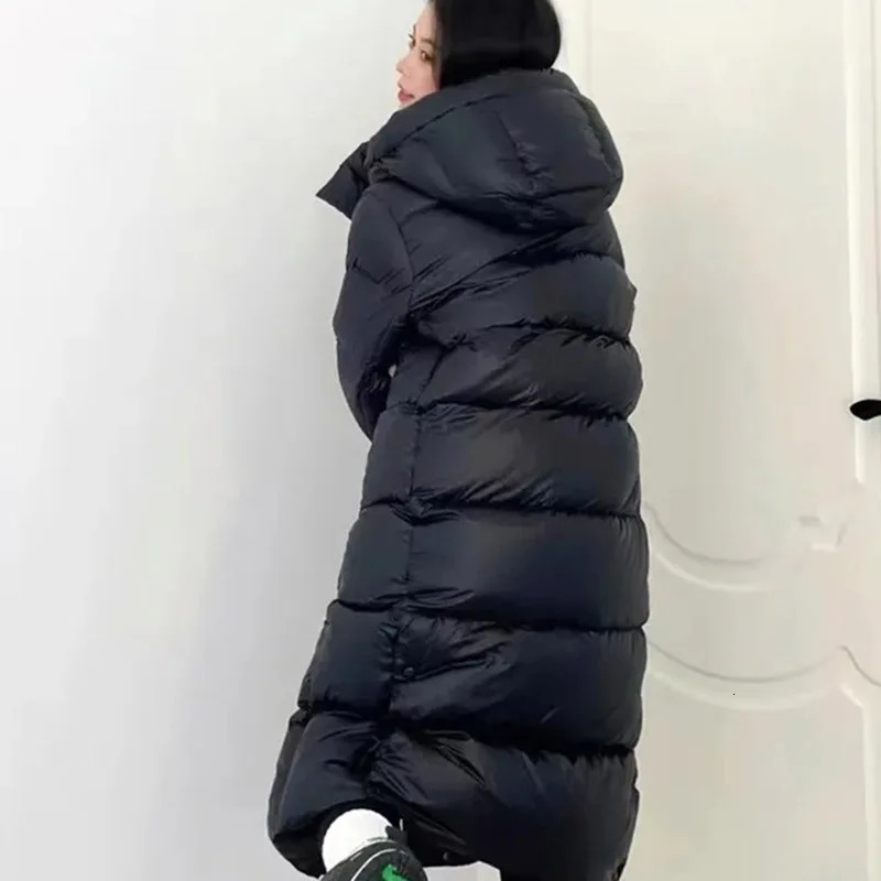 2024 Womens Loose Cotton Pad Jacket Korean Long Knee Inflatable Winter Black Gold Warm 241212