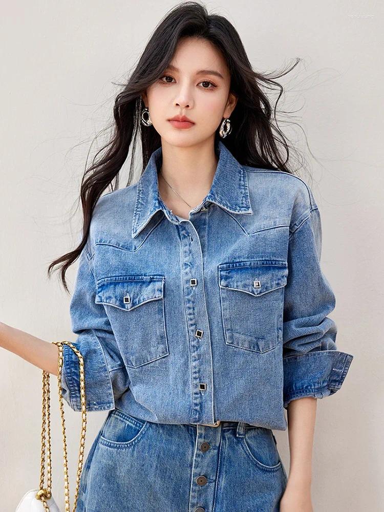 Women's Blouses 2024 Autumn Harajuku Retro Denim Shirt Women Chic Design Long Sleeved Shirts Fashion Versatile Jean Blouse Blusas