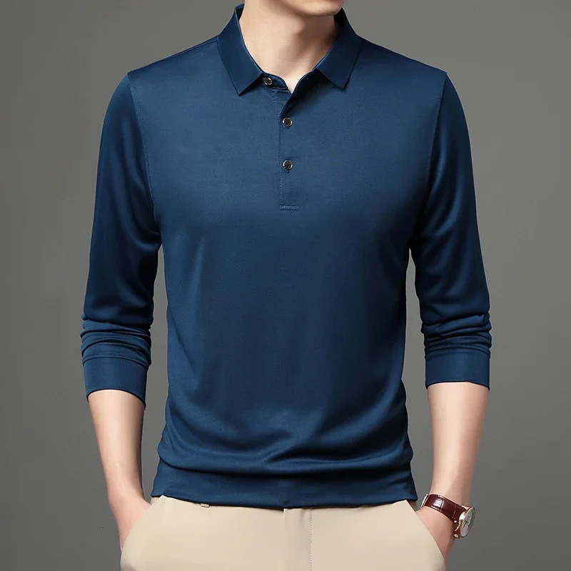 Spring and Autumn Long Sleeve Polo Shirt Collar Solid Mens Tshirt 241202