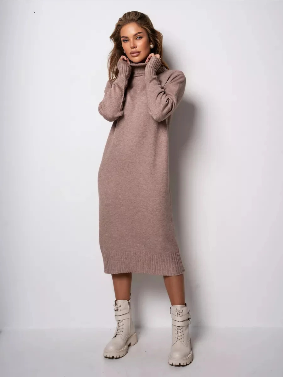 Womens High Neck Knitted Dress Loose Fit Solid Color Slimming Fur Dress 241206