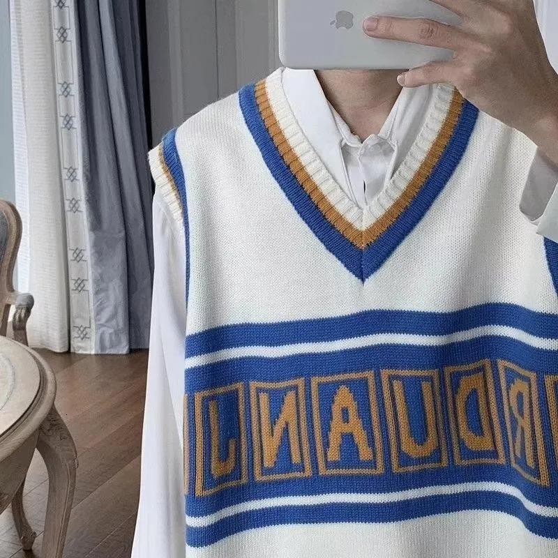 AutumnWinter Korean Preppy Vest Mens Pullover Sweater Personality Letter Printed Sleeveless Loose Vneck 241209