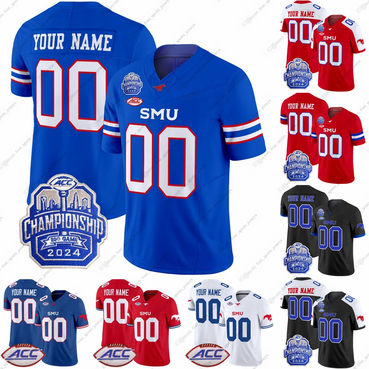 Custom SMU Mustangs Football Jerseys 2024 ACC Championship Patch 7 Kevin Jennings 1 Brashard Smith 82 RJ Maryland 11 LJ Johnson 19 Eric Dickerson 37 Doak Walker