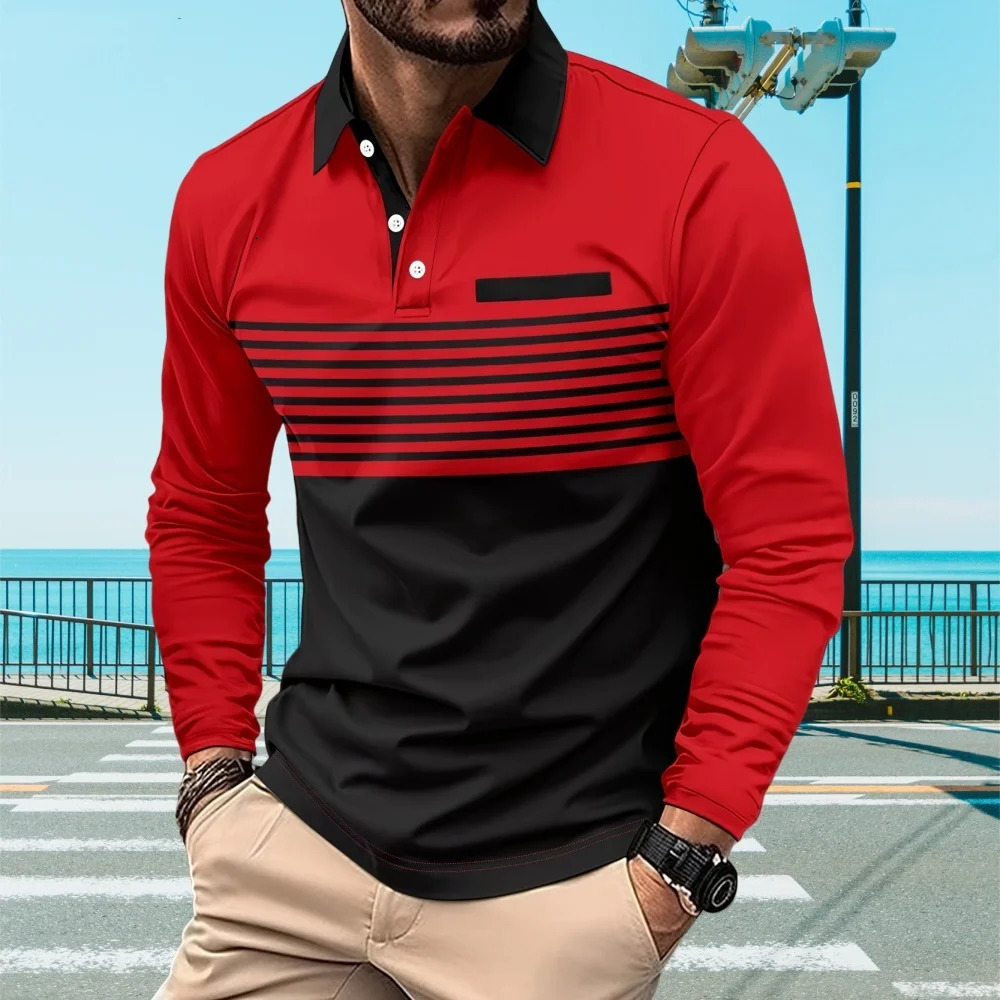 Mens Polo Shirts 3D Stripe Colorblock Print Fashion Sports Lapel Golf TShirt Men Tops Casual Long Sleeve Man Clothes 241202