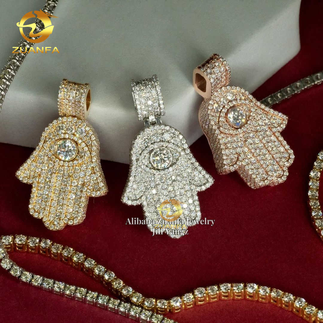 Small Size Hamsa Hand Custom Moissanite Pendant Shield Pendant Necklace custom hip hop pendant Moissanite Jewelry