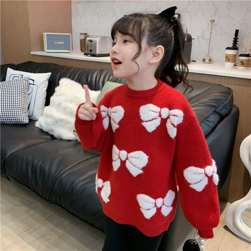 Girls sweaters fashionable childrens clothing plush knitted winter clothing girls red Christmas thick sweaters children 8 10 14 years old 241210