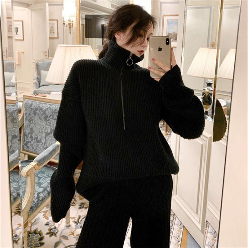 Korean style autumn and winter new loose fitting pullover high neck design, zipper pit stripe knit sweater, thick women's clothing for external w