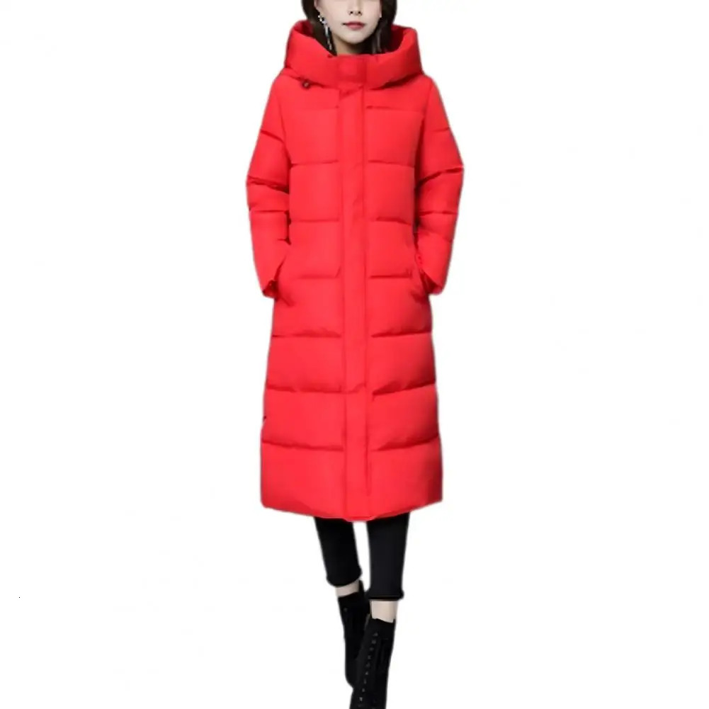 Winter womens long park thick apron buckle collar solid color pocket zipper cotton jacket 241209