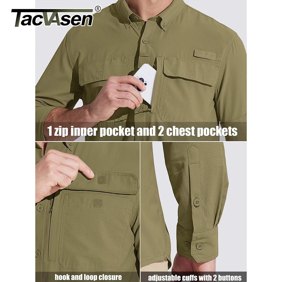 TACVASEN UPF 50Sunscreen Fishing Shirt Mens Quick Drying Long Sleeve Mesh Breathable Hiking Work Cargo 241209