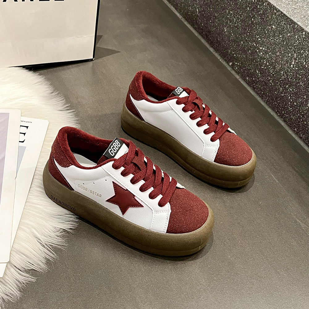 Women Casual Shoes:Fashion Star Design Thick Sole Versatile Spring Leather Korean Version Retro Trendy,Red/Grey/Khaki,Free shipping