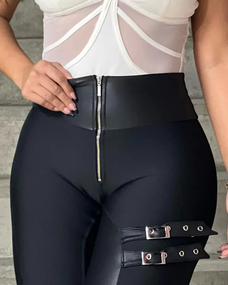 PU leather leggings patch zipper buckle pencil pants ultrathin fit long jacket legs shirt sexy pocket cap 241209