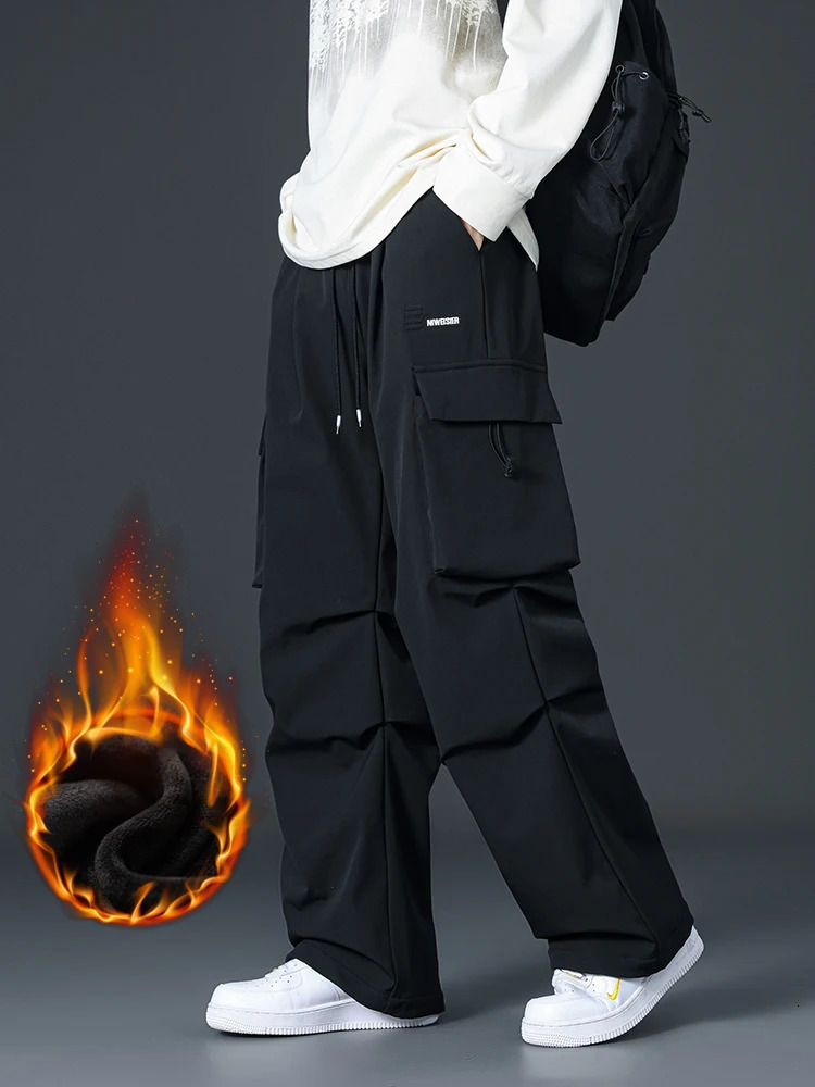 Winter Cargo Pants Men Fleece Liner Thick Warm Straight Casual Pants Big Size 8XL 7XL 6XL Wide Leg Loose Thermal Trousers 241209