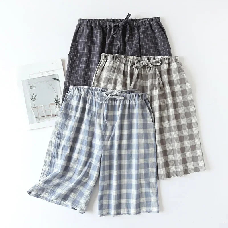Flat weave n pajamas mens shorts summer thin cotton loose doublelayer casual wear wearing checkered Pj pants 241209