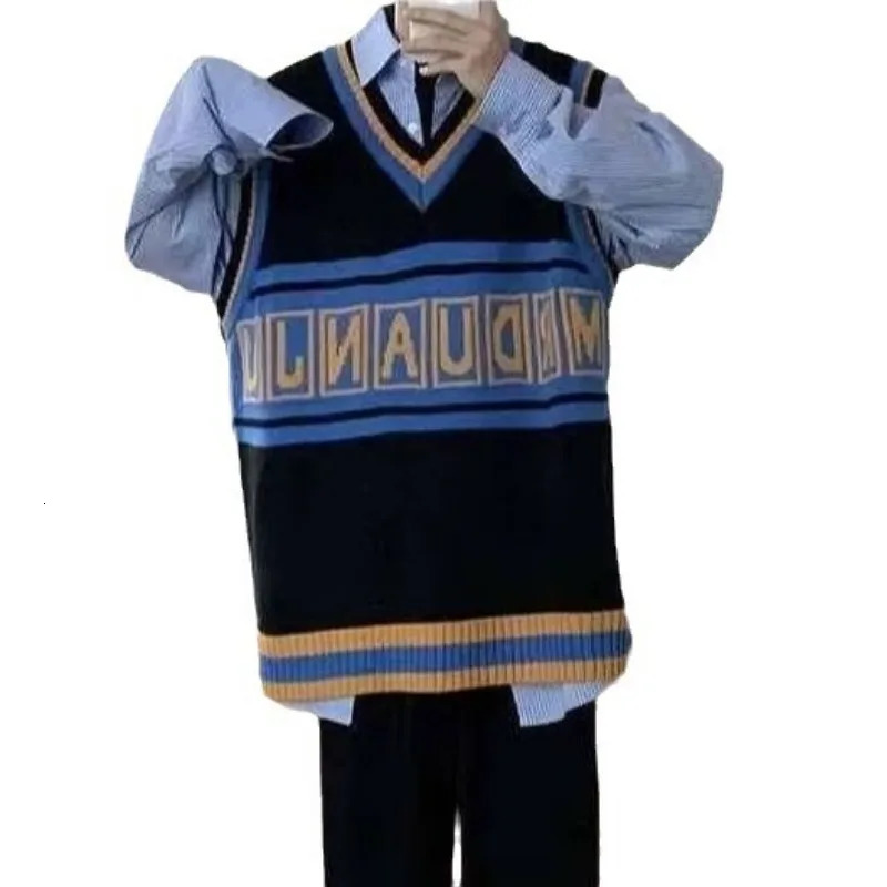 AutumnWinter Korean Preppy Vest Mens Pullover Sweater Personality Letter Printed Sleeveless Loose Vneck 241209